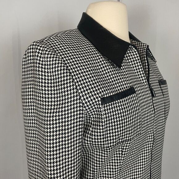 Vintage Jacket Size 14 Black White Houndstooth Full Zip Faux Leather Trim 90s - Picture 4 of 13